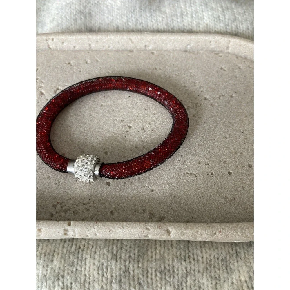 Red Crystal Tube Bracelet Mesh Rhinestone Barrel Clasp Sparkly Magnetic